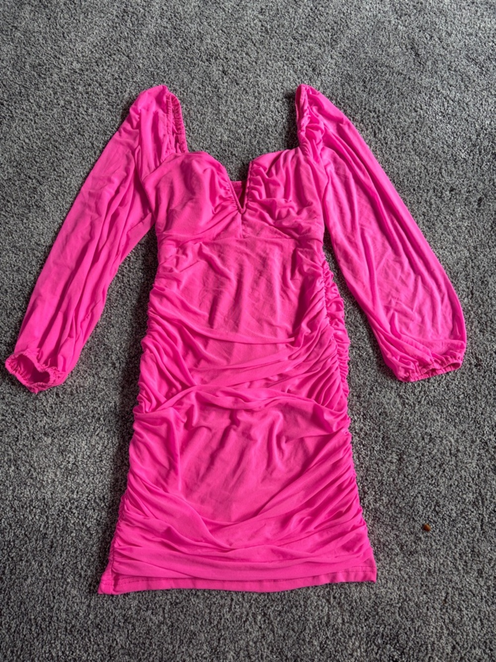 Hot Pink Long Sleeve Ruched Bodycon Dress